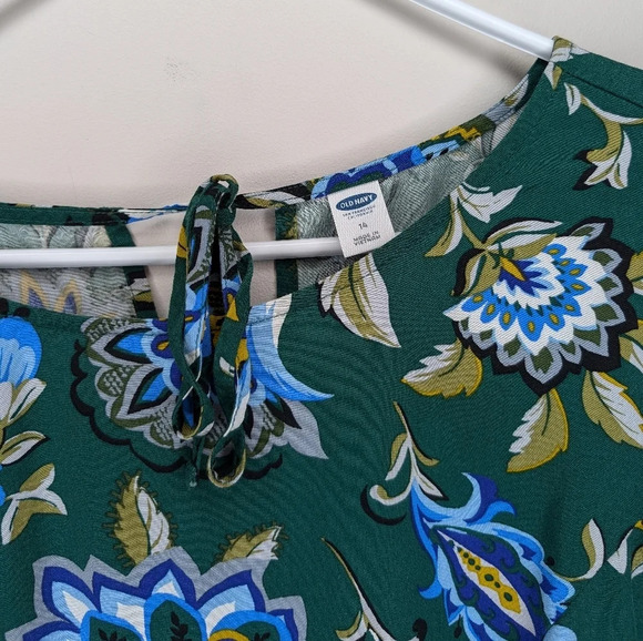 Old Navy Green Floral  Print Fit & Flare Bell Sleeve Tie Back Dress Women 14 - Picture 3 of 9